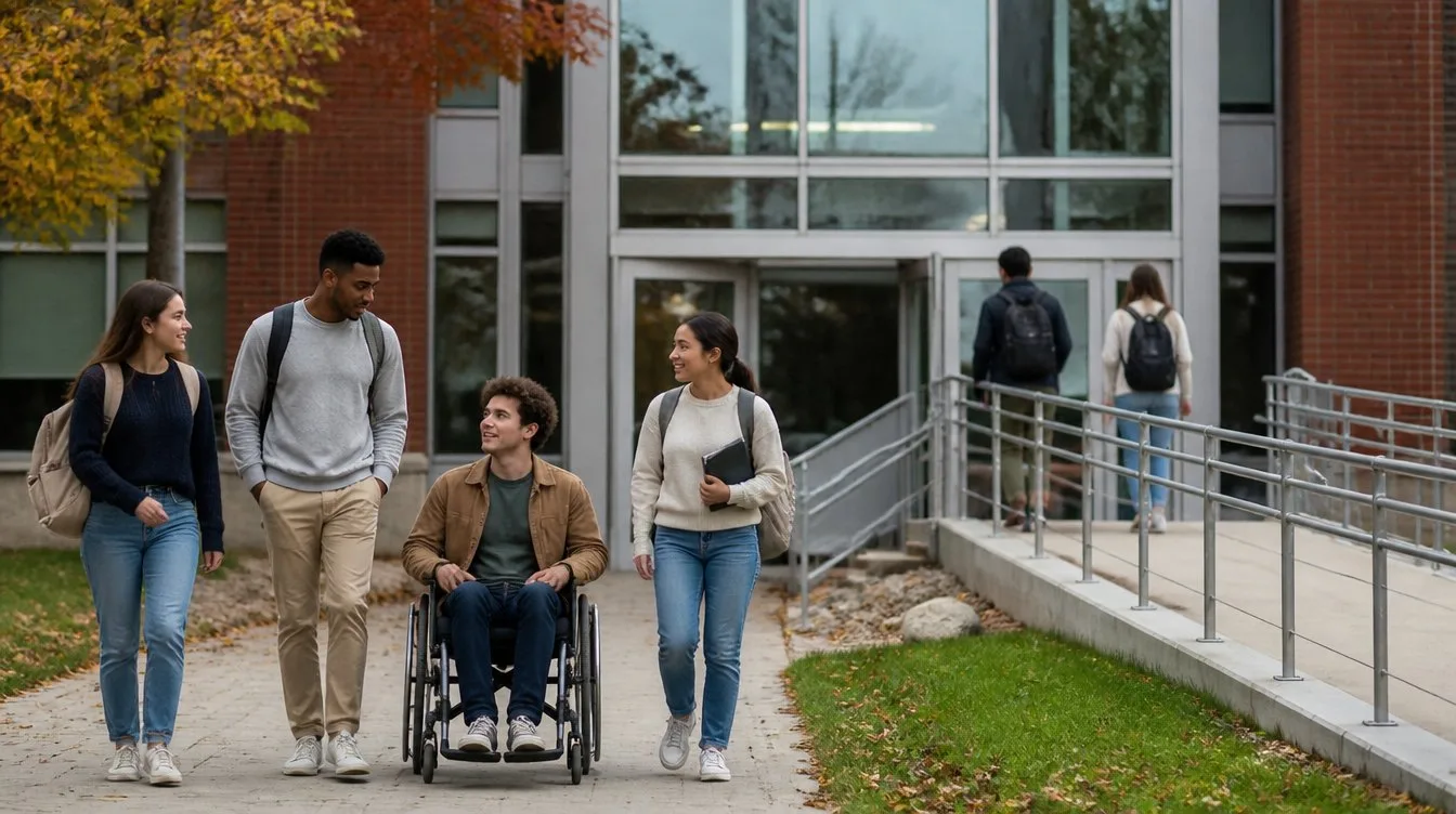 Studierende am Campuseingang mit Rampe Studierende am Campuseingang mit Rampe