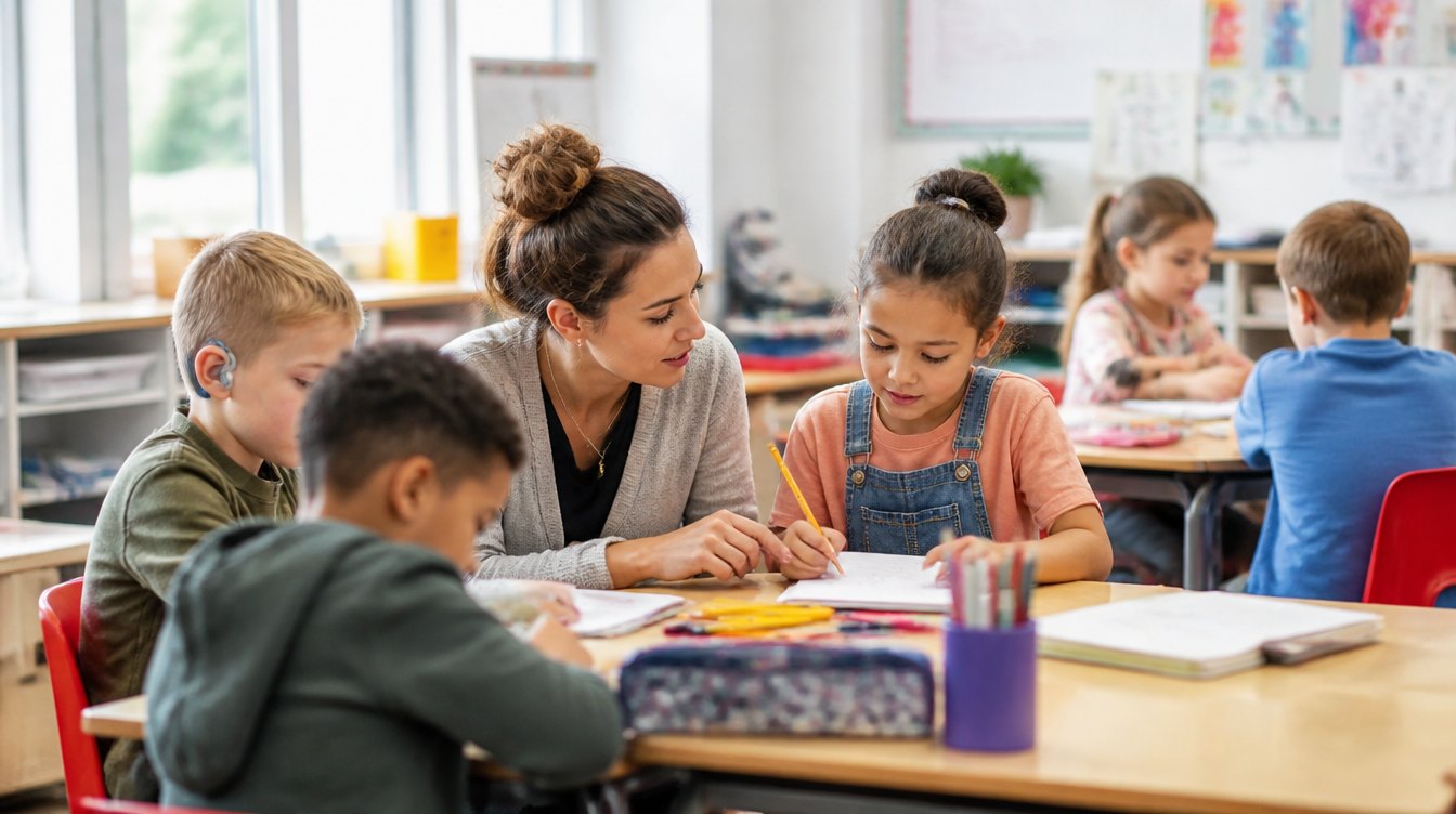 Inklusiver Klassenraum mit Lehrkraft und Kindern